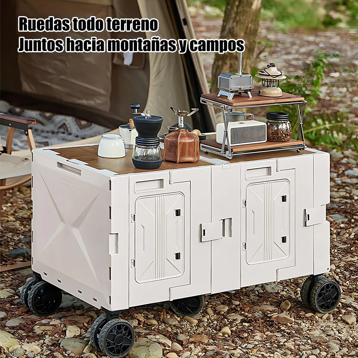 Transportar la caja sobre terreno natural con ruedas
