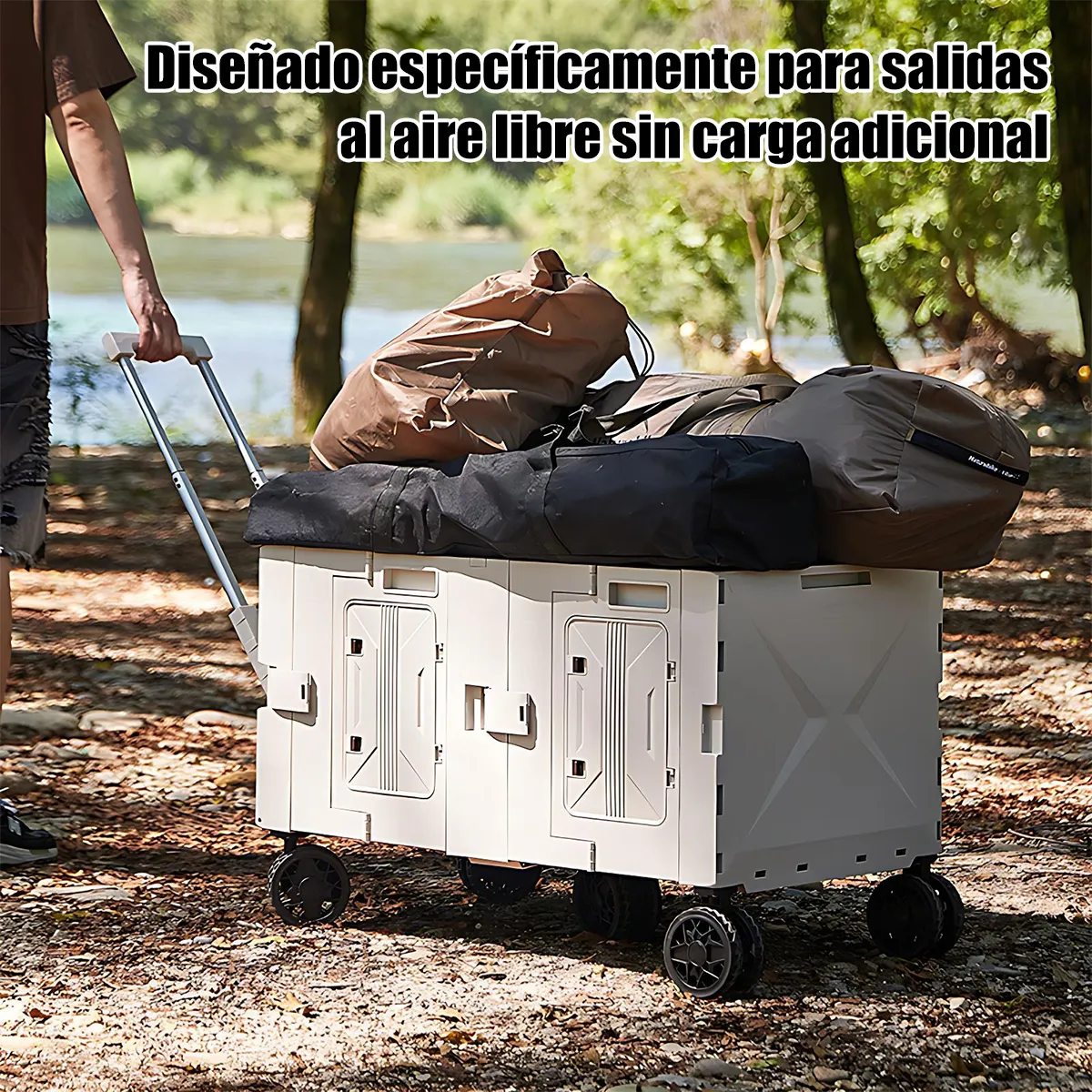 Caja de almacenamiento plegable con ruedas en ambiente de camping